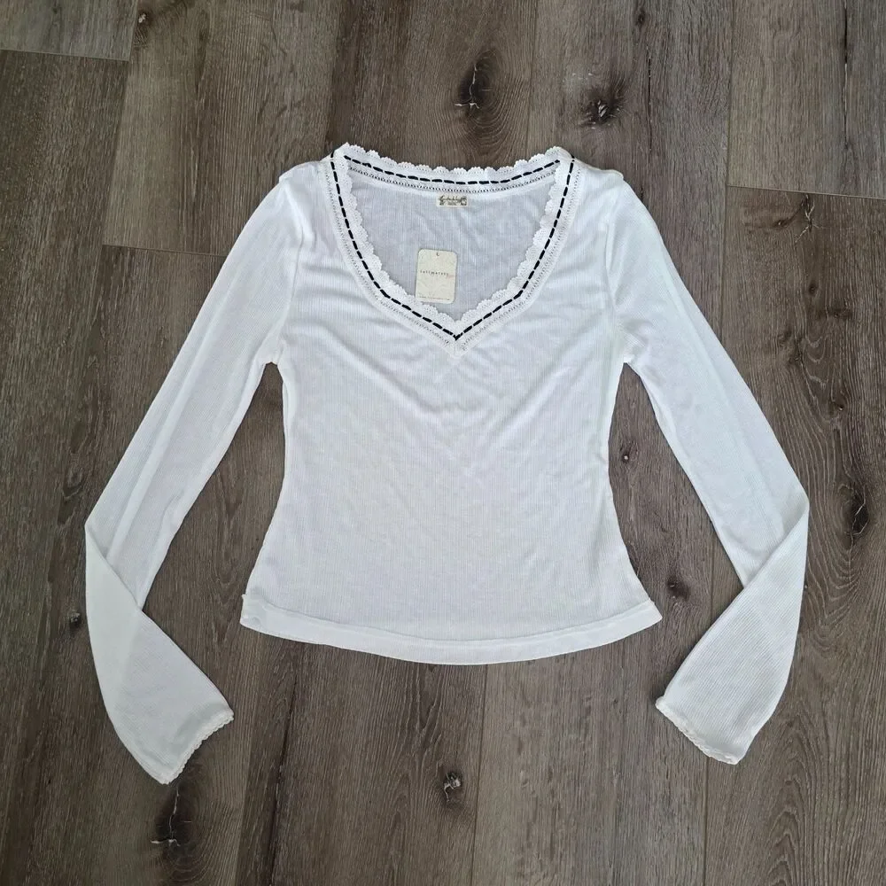 Intimately Free People M White Long Sleeve V Neck Top W Lace Ribbon Trim NWT